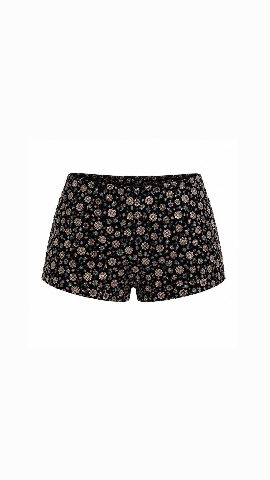 Black Flower Detailed Crystal Mini Shorts
