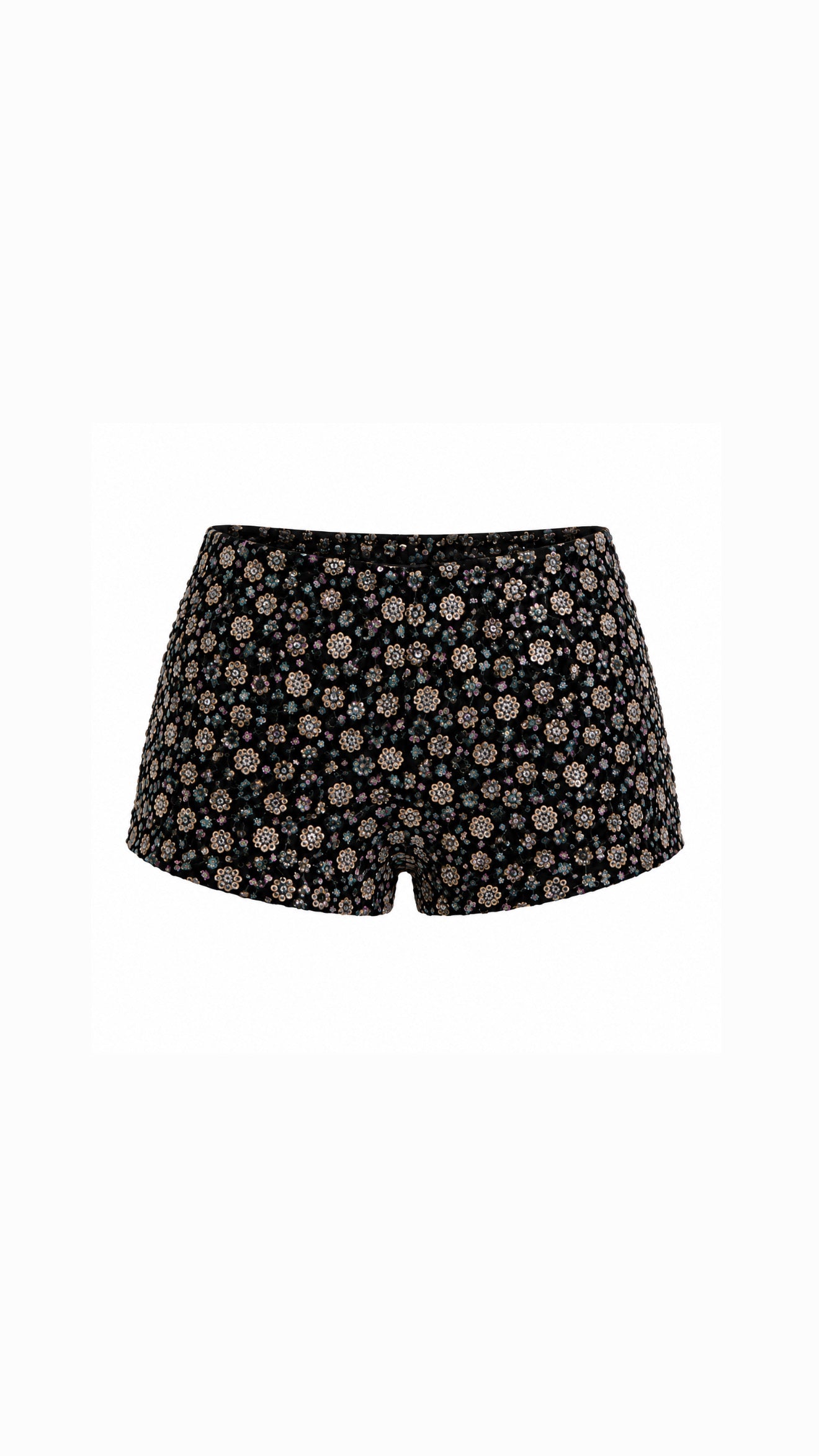 Black Flower Detailed Crystal Mini Shorts