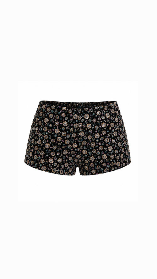 Black Flower Detailed Crystal Mini Shorts