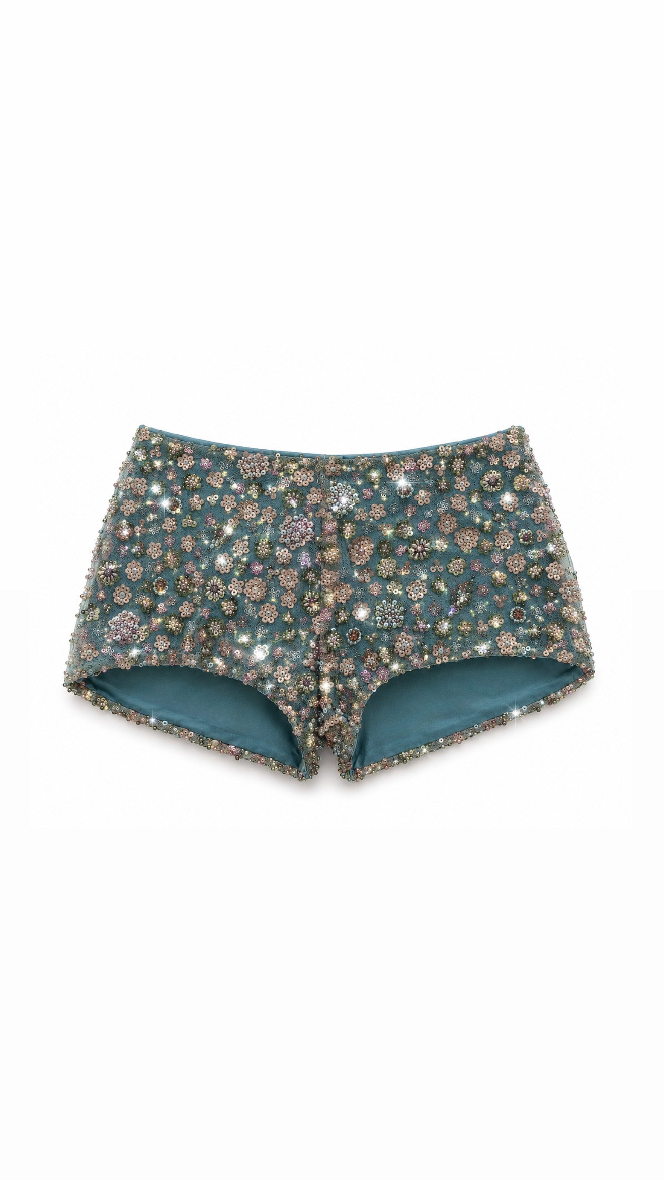 Green Flower Detailed Crystal Mini Shorts