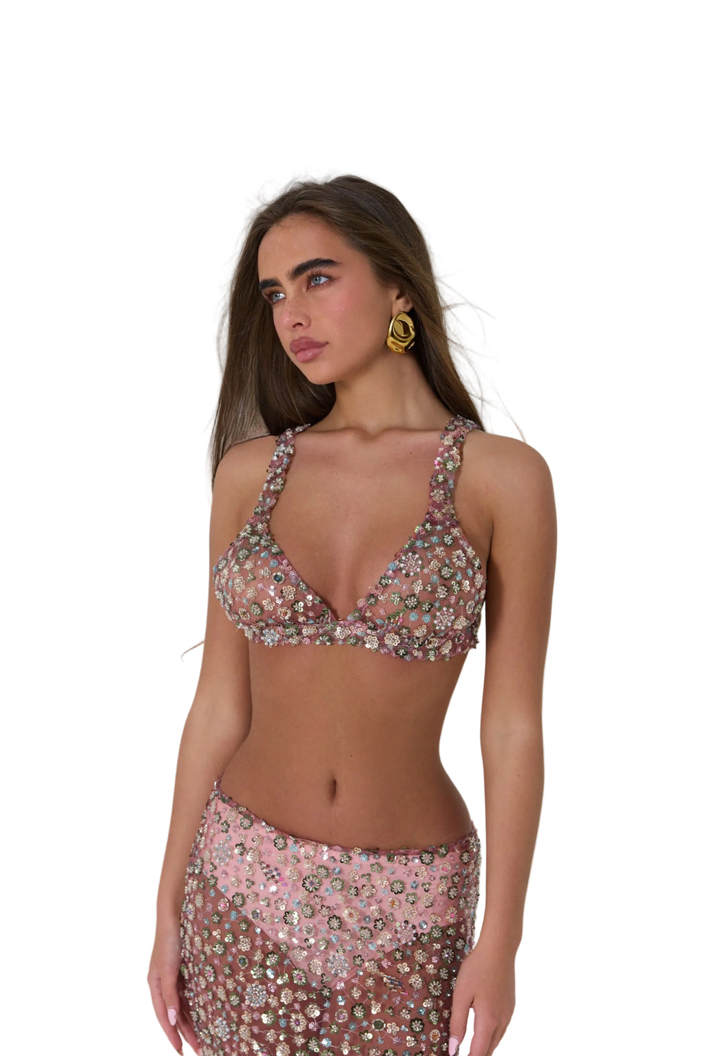 Pink Flower Detailed Crystal Bra Top