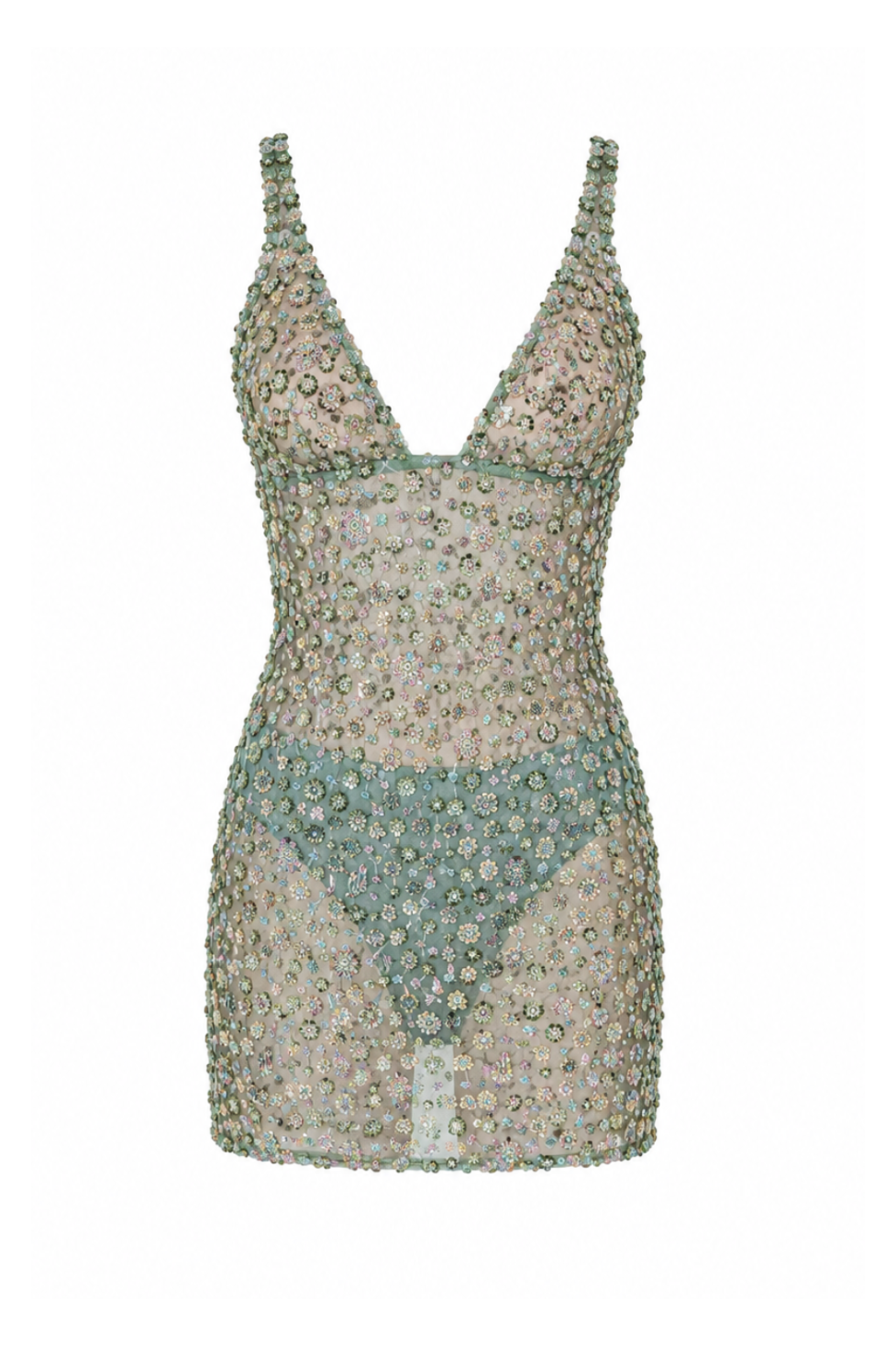Green Crystal Flower Detailed Mini Dress