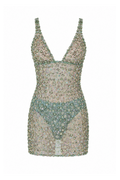Green Crystal Flower Detailed Mini Dress