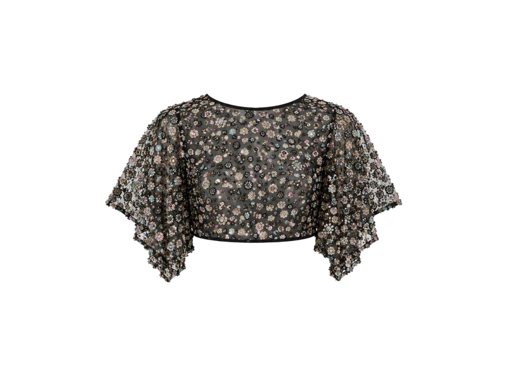 Black Flower Detailed Crystal Open Back Top