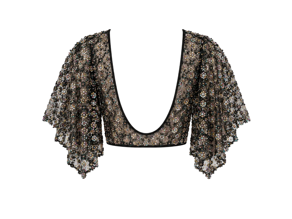 Black Flower Detailed Crystal Open Back Top