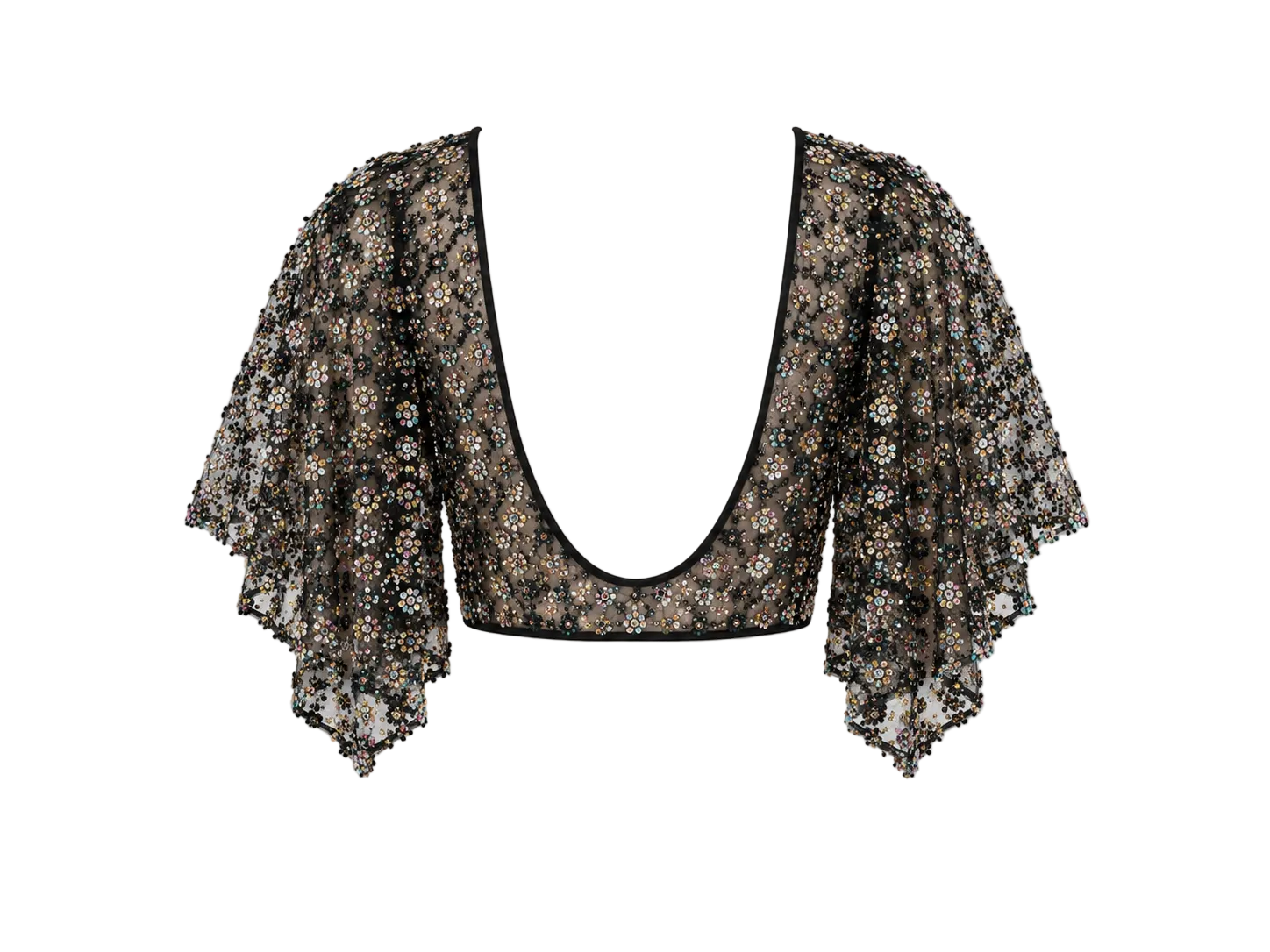 Black Flower Detailed Crystal Open Back Top