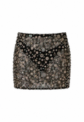 Black Flower Detailed Crystal Mini Skirt