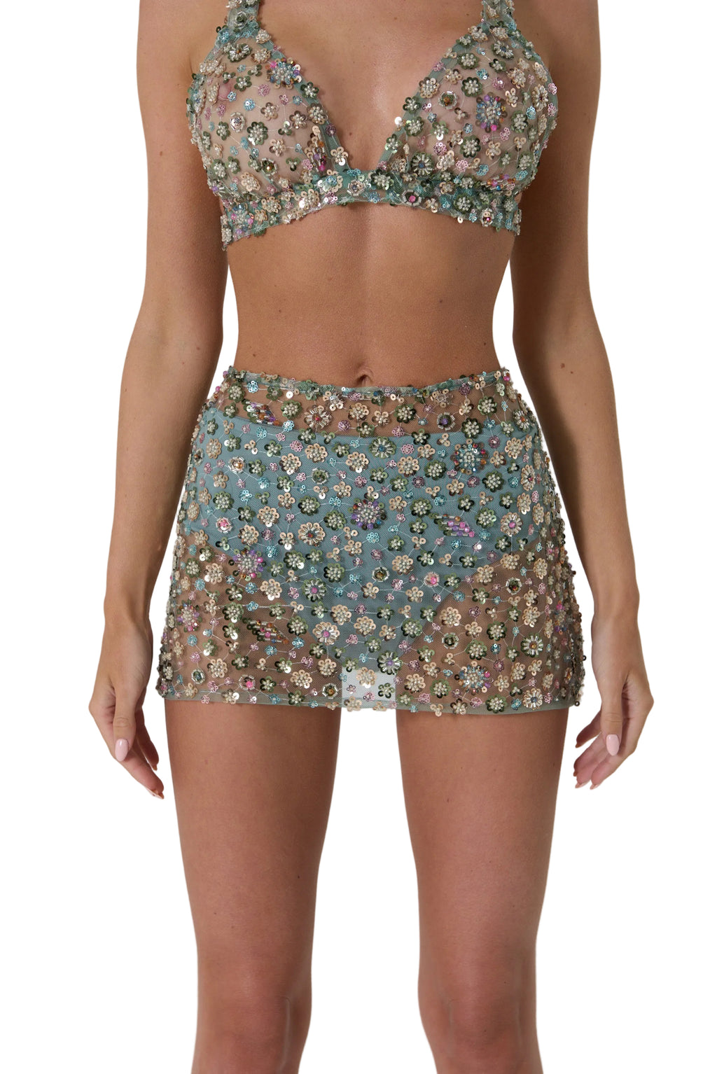 Green Flower Detailed Crystal Mini Skirt