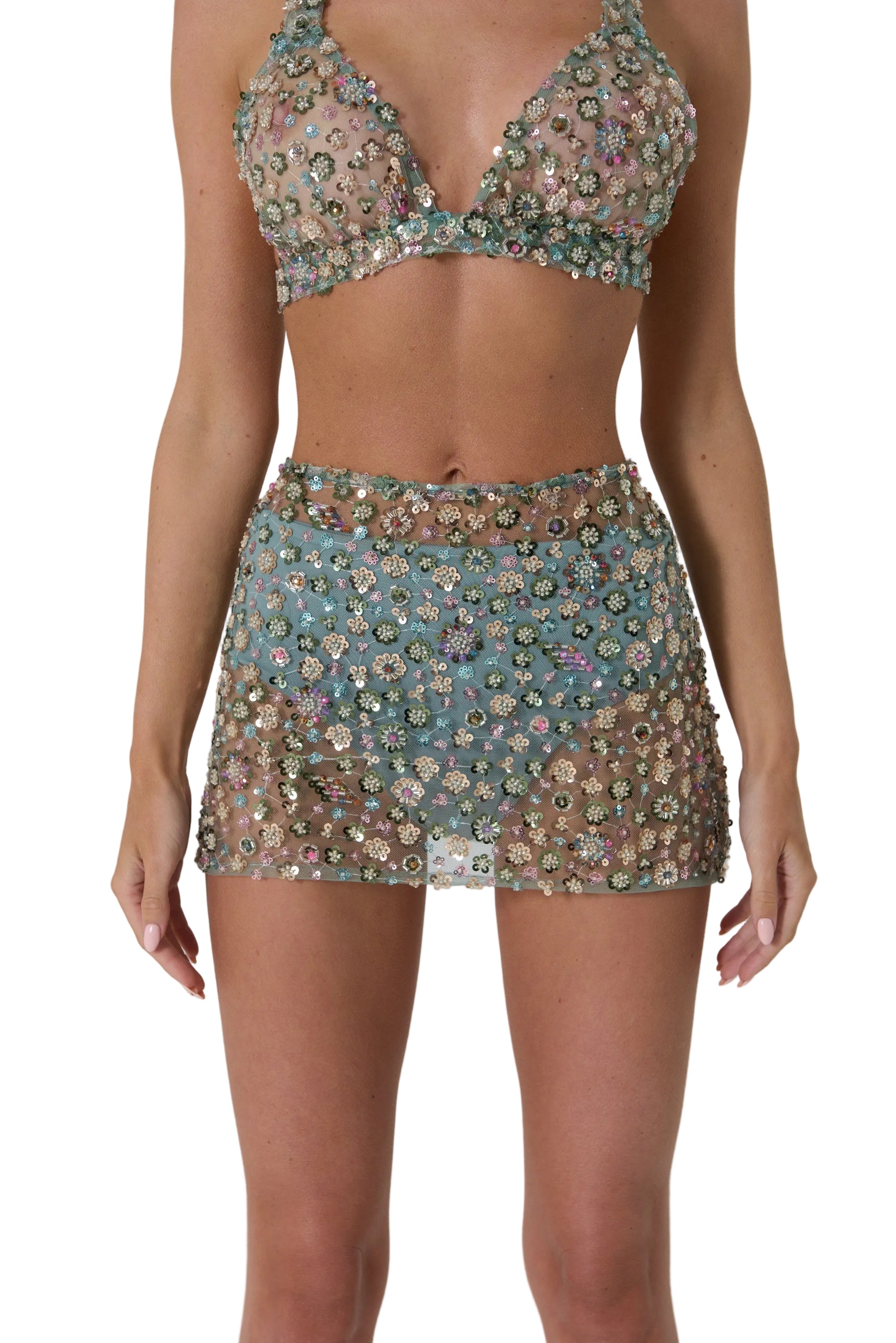 Green Flower Detailed Crystal Mini Skirt