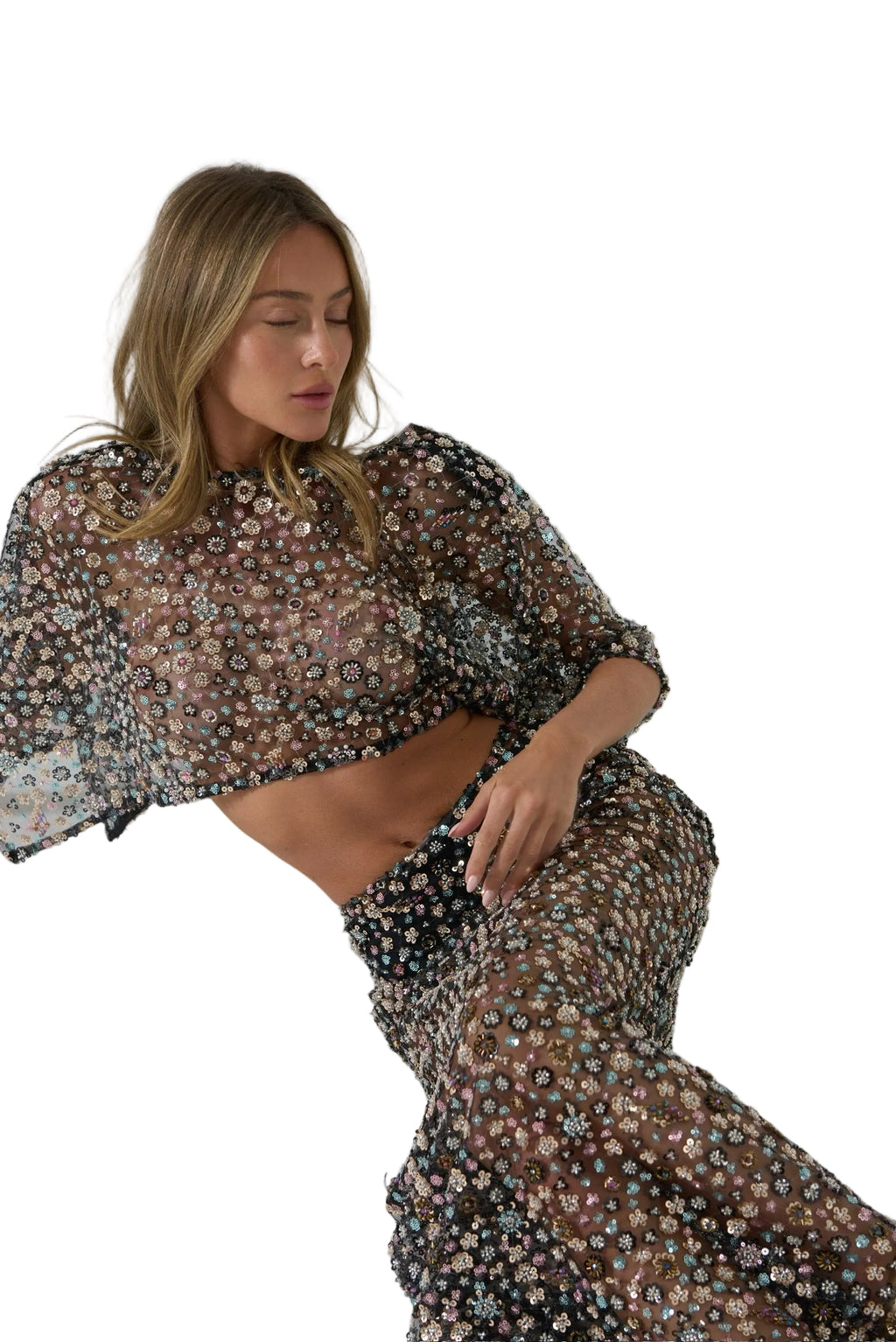Black Flower Detailed Crystal Open Back Top