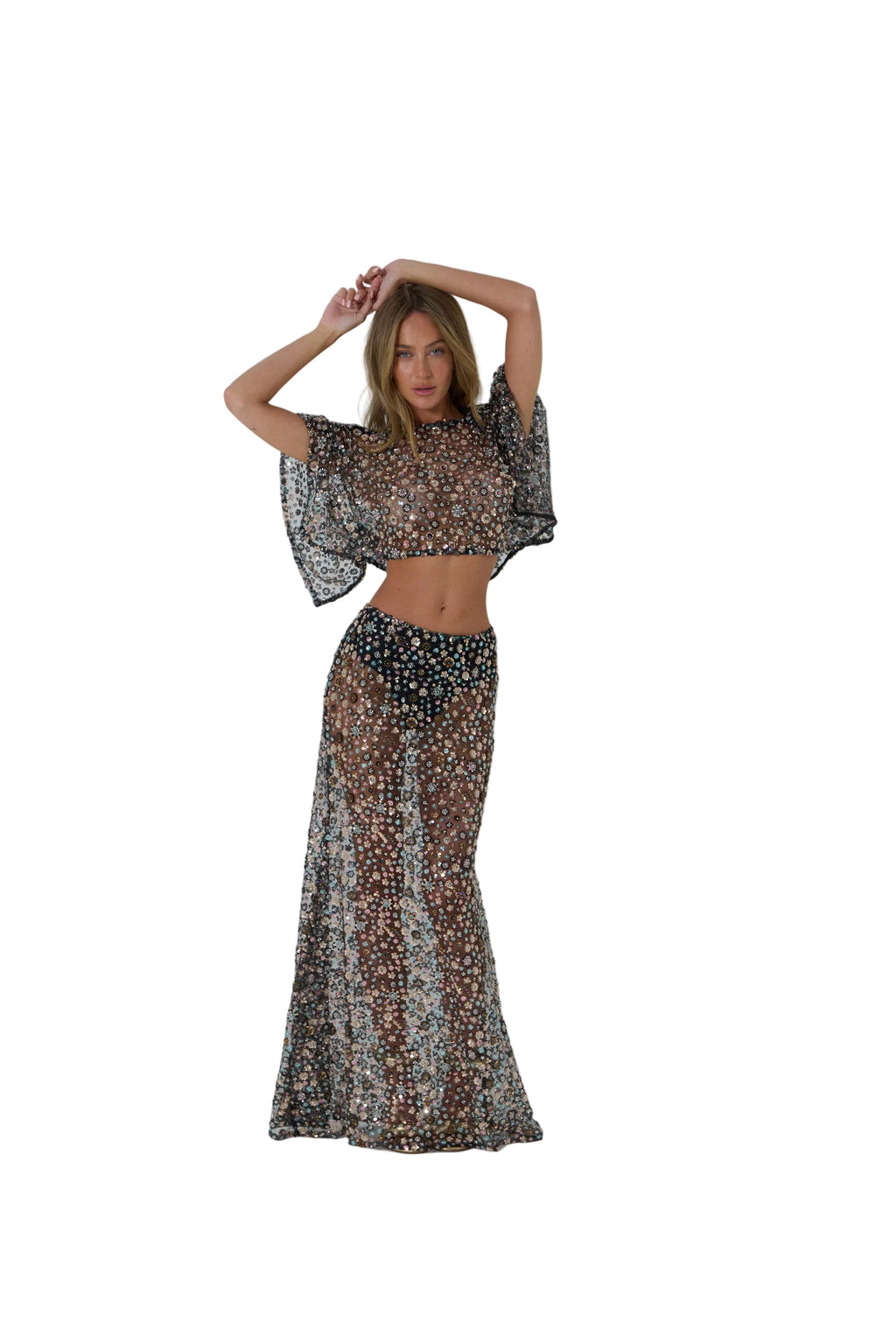 Black Flower Detailed Crystal Open Back Top