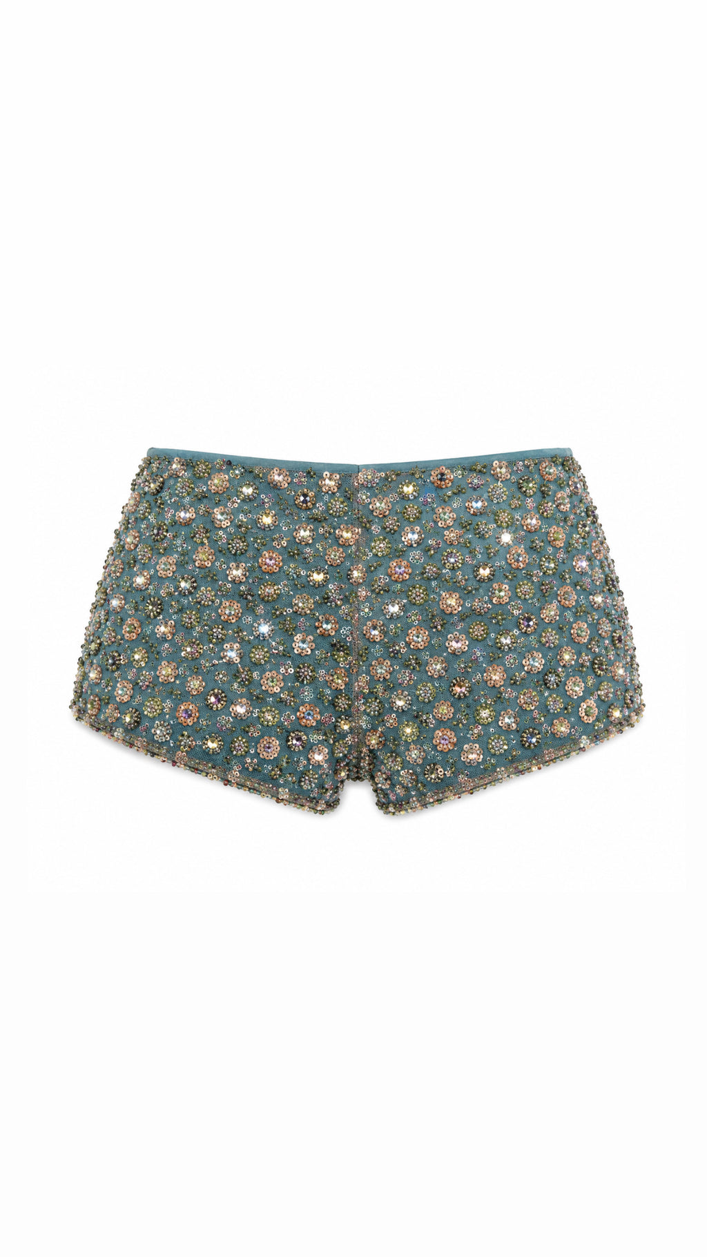 Green Flower Detailed Crystal Mini Shorts