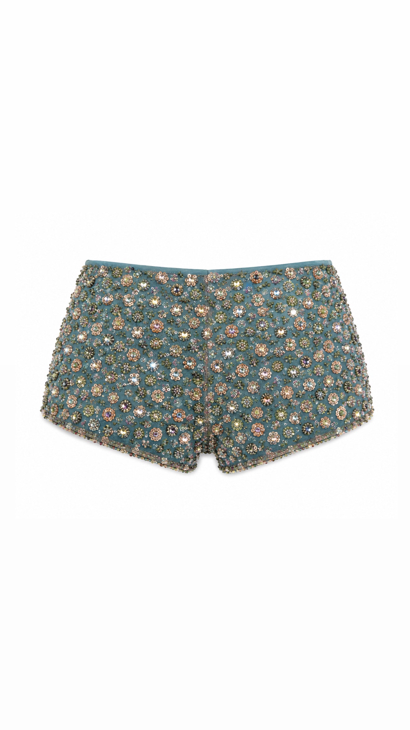 Green Flower Detailed Crystal Mini Shorts