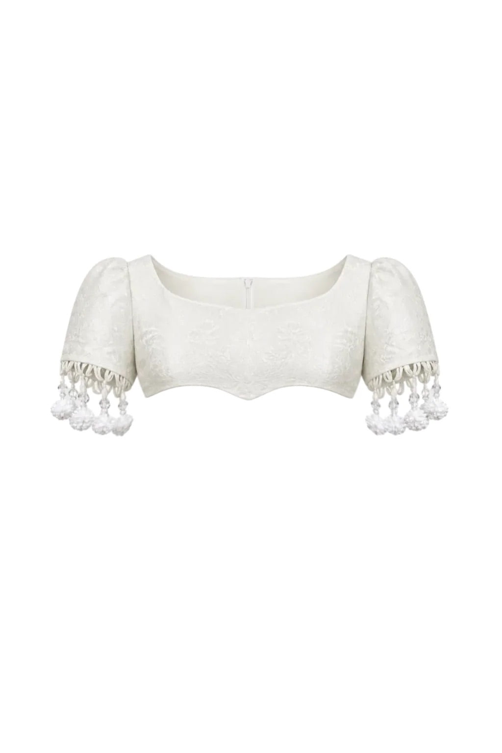 White Jacquard Embroidered Detail and Tassel Bolero