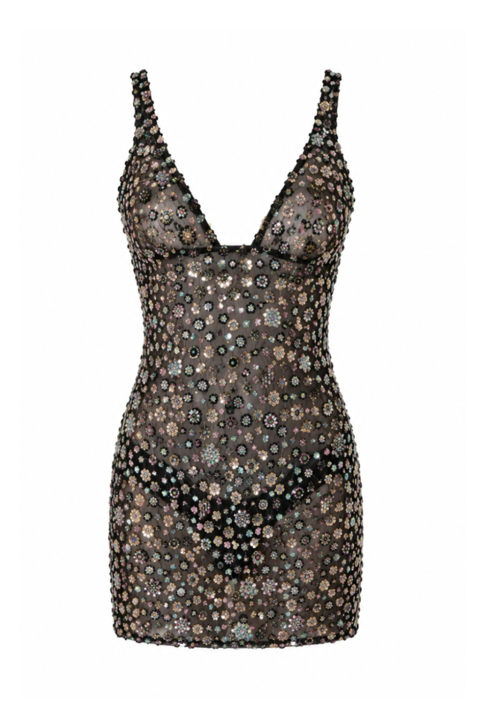Black Crystal Flower Detailed Mini Dress