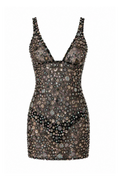 Black Crystal Flower Detailed Mini Dress