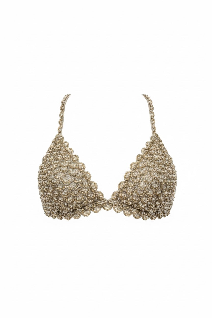 Stone Sequin and Pearl Golden Bra Top