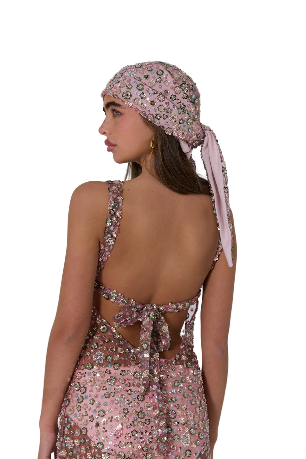 Pink Crystal Flower Detailed Headscarf