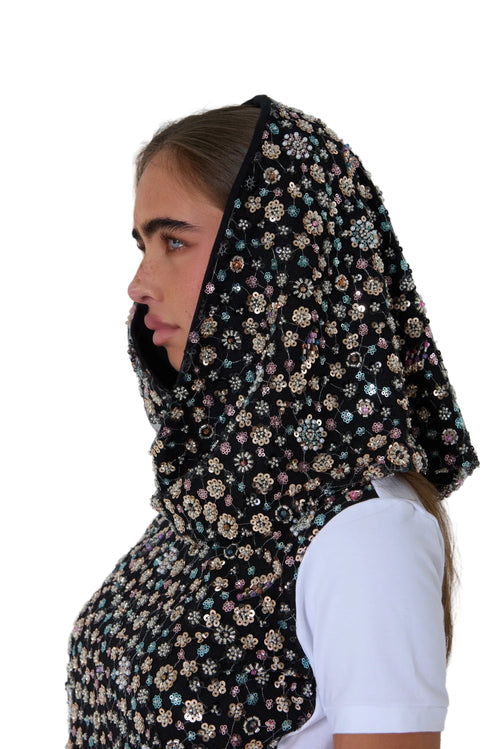 Black Crystal Flower Detailed Headscarf