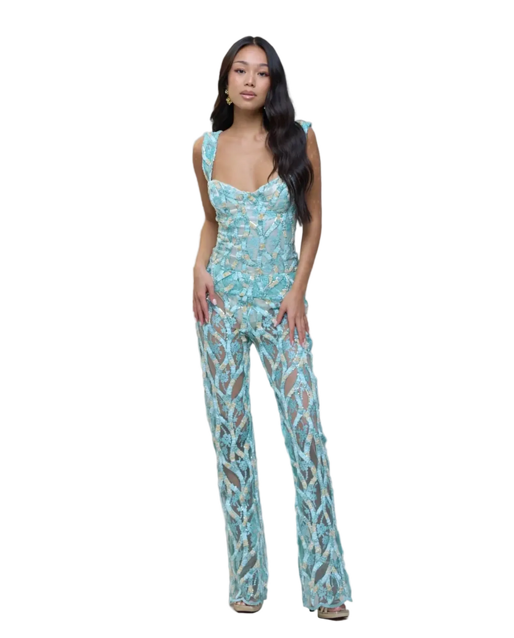 Turquoise Velvet and Embroidered Bodysuit