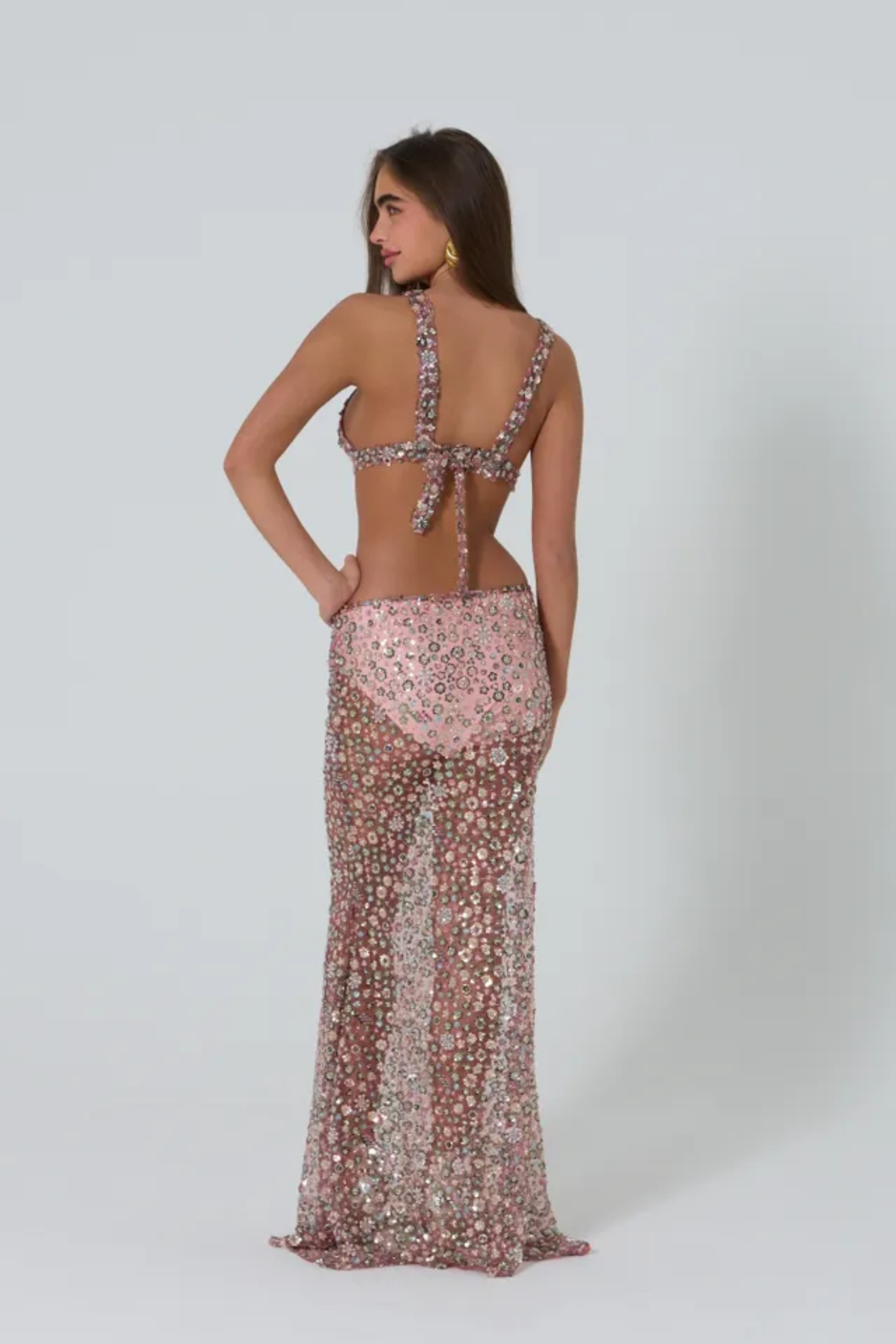 Pink Flower Detailed Crystal Mermaid Skirt