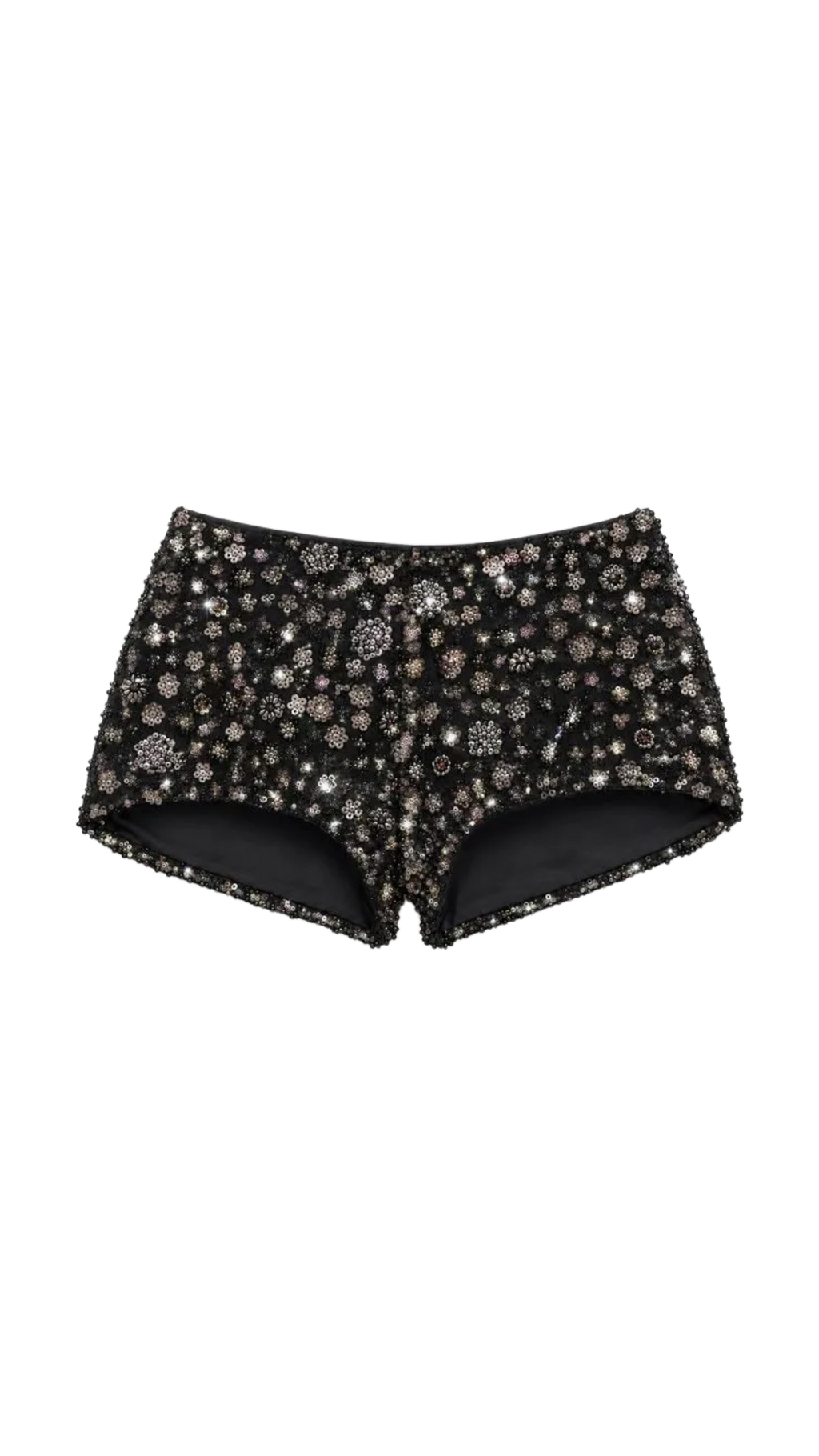 Black Flower Detailed Crystal Mini Shorts