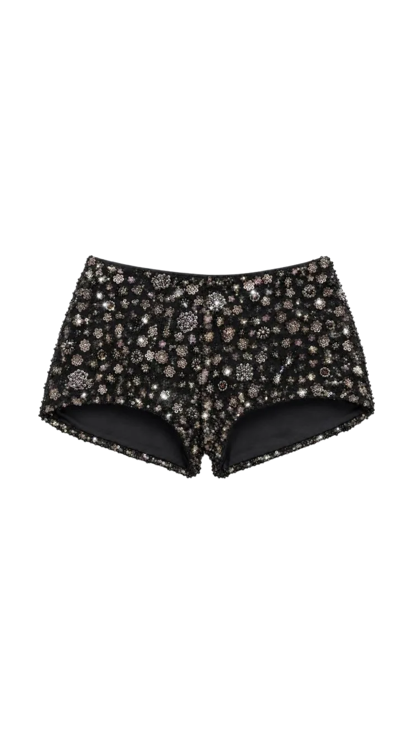 Black Flower Detailed Crystal Mini Shorts
