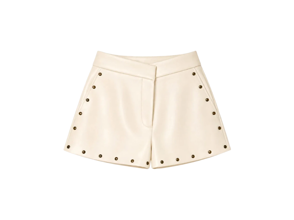 Cream Leatherette Studded Shorts