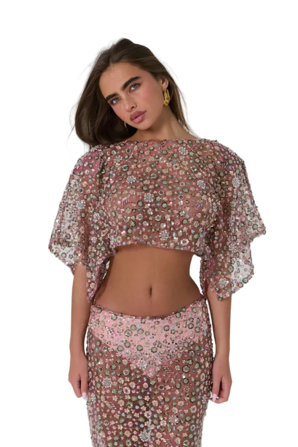Pink Flower Detailed Crystal Open Back Top