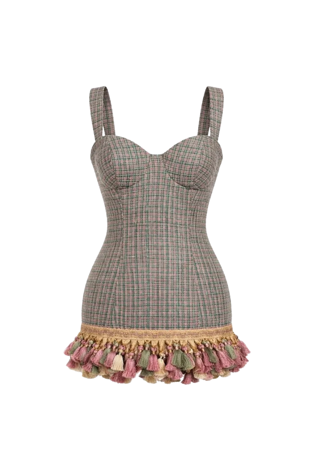 Green Tweed and Tassel Mini Dress