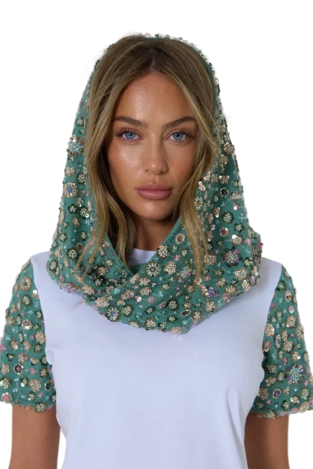 Green Crystal Flower Detailed Headscarf