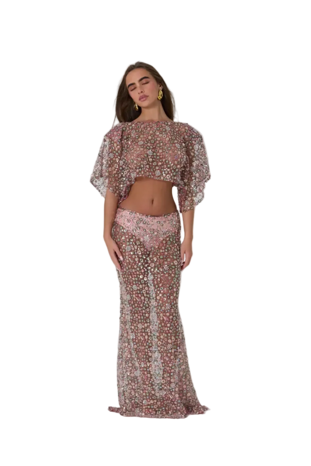 Pink Flower Detailed Crystal Open Back Top