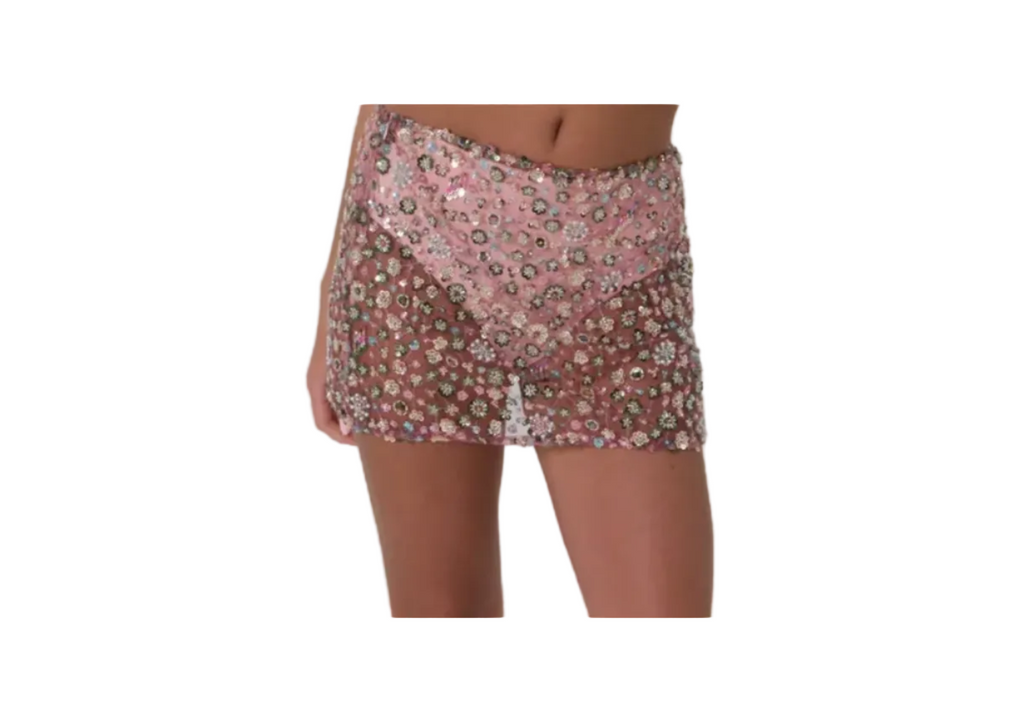 Pink Flower Detailed Crystal Mini Skirt