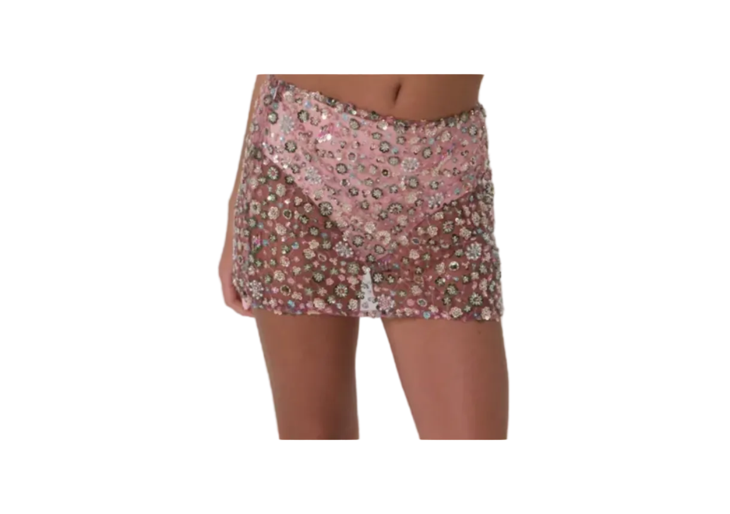 Pink Flower Detailed Crystal Mini Skirt