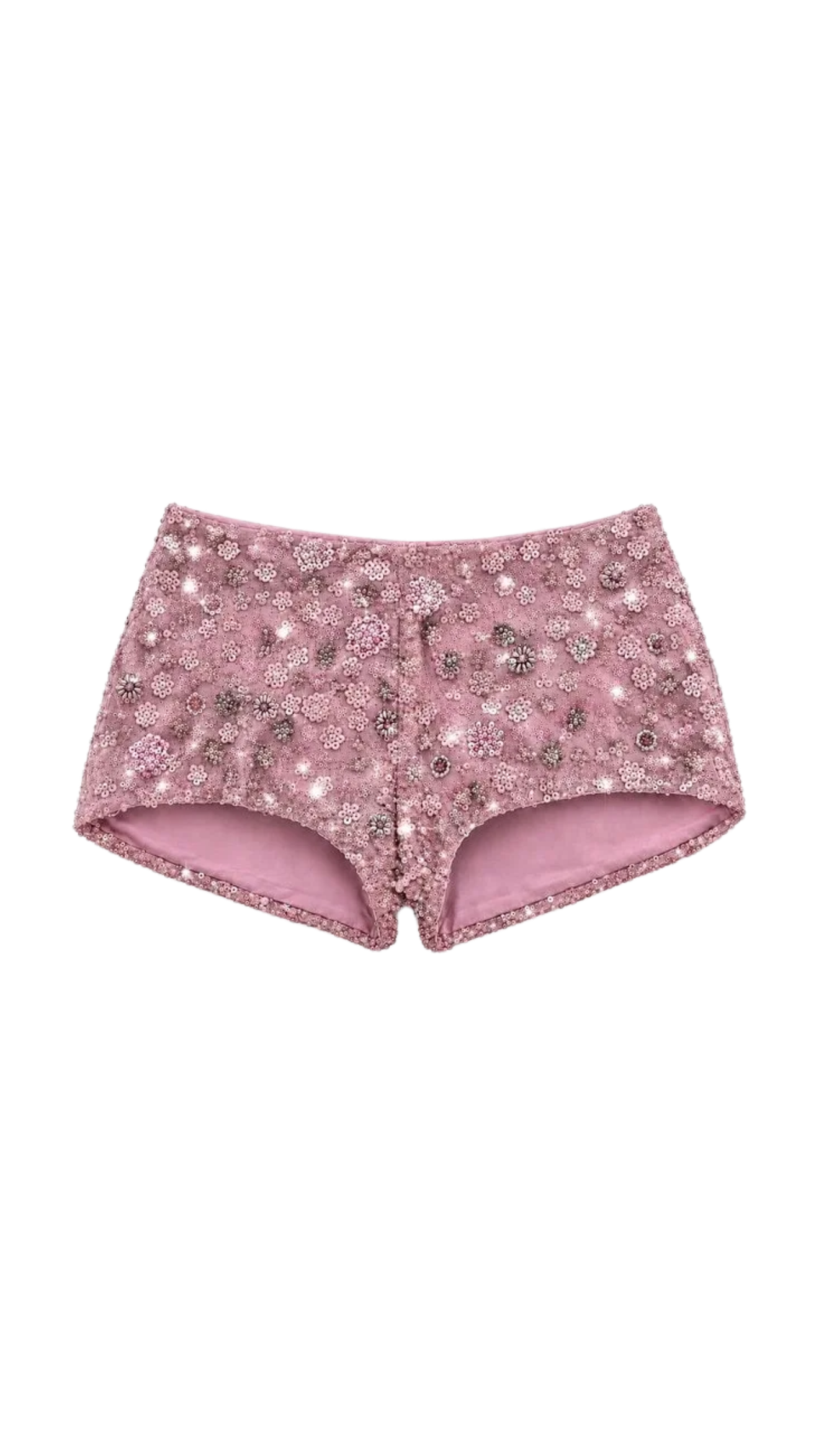 Pink Flower Detailed Crystal Mini Shorts