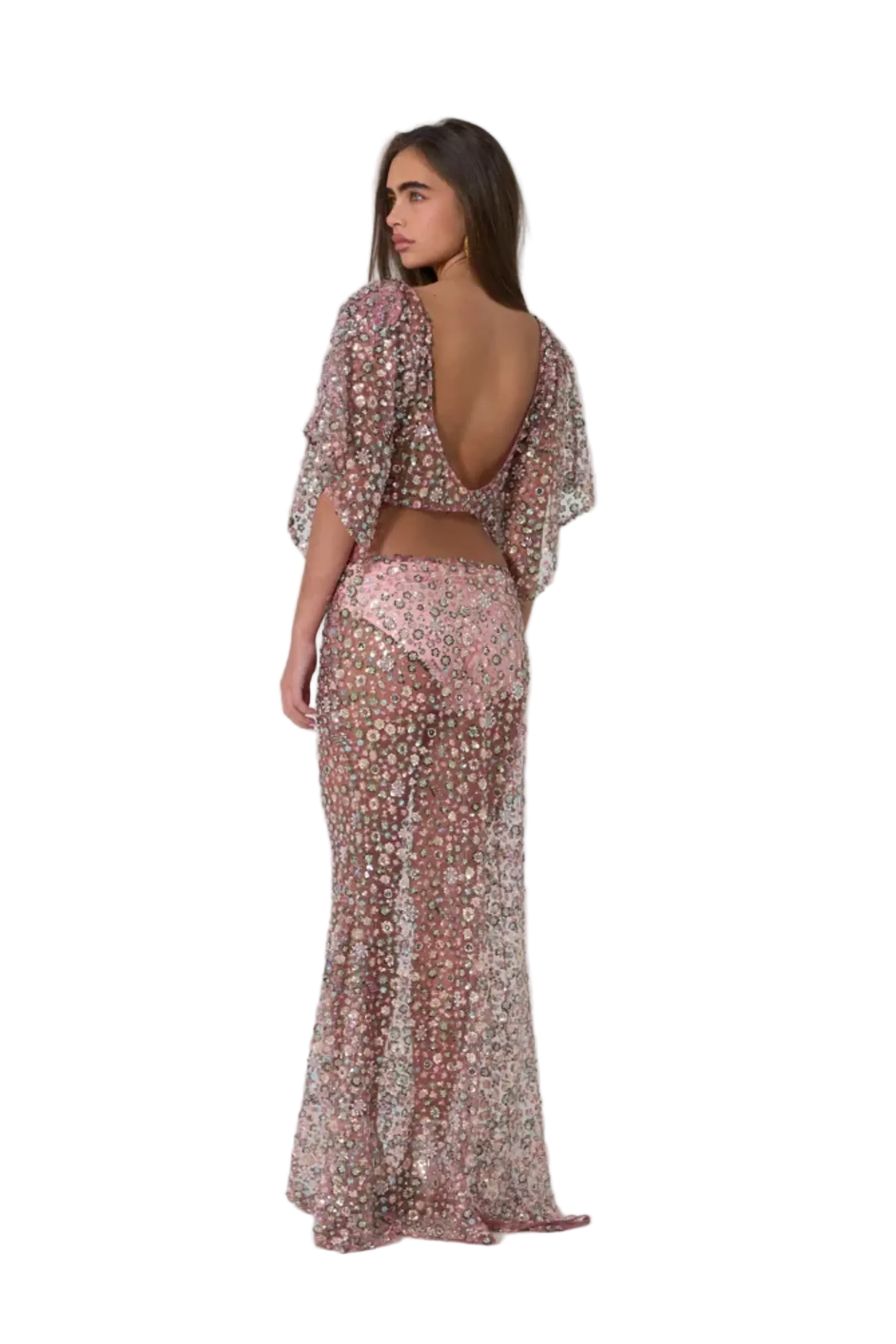 Pink Flower Detailed Crystal Open Back Top